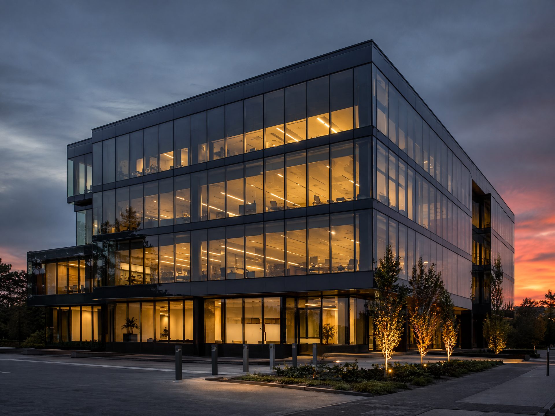 Commercial building windows with solar control tint film at dusk