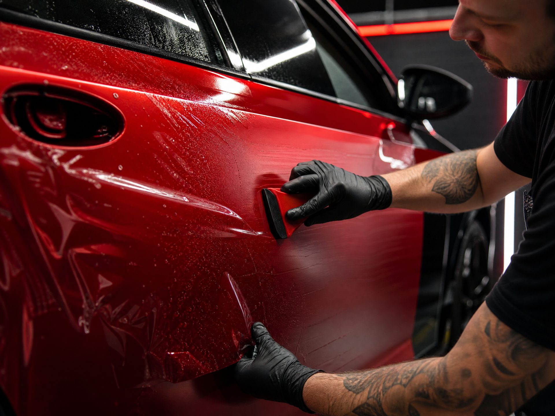 Gloss red vinyl wrap being squeegeed onto a car panel